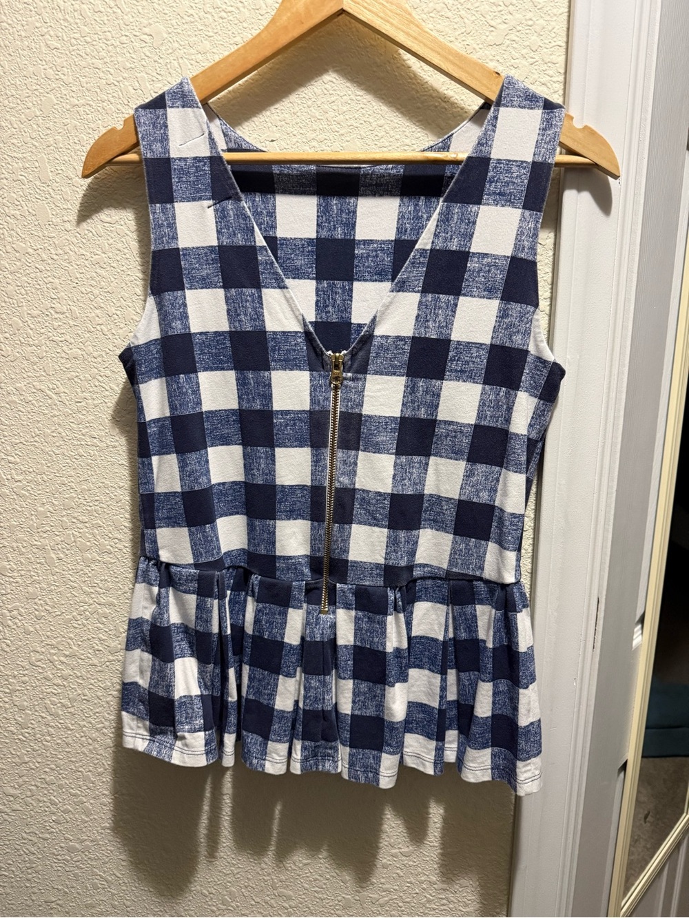 Duffield Lane Blue and White Gingham Print Fitted Peplum Preppy Shirt Top - Picture 2 of 3